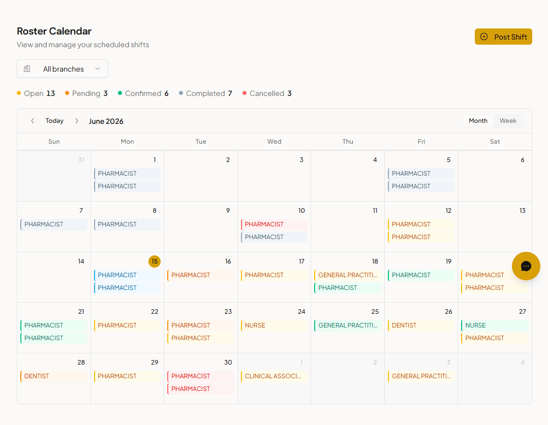 Roster Calendar — shift scheduling view